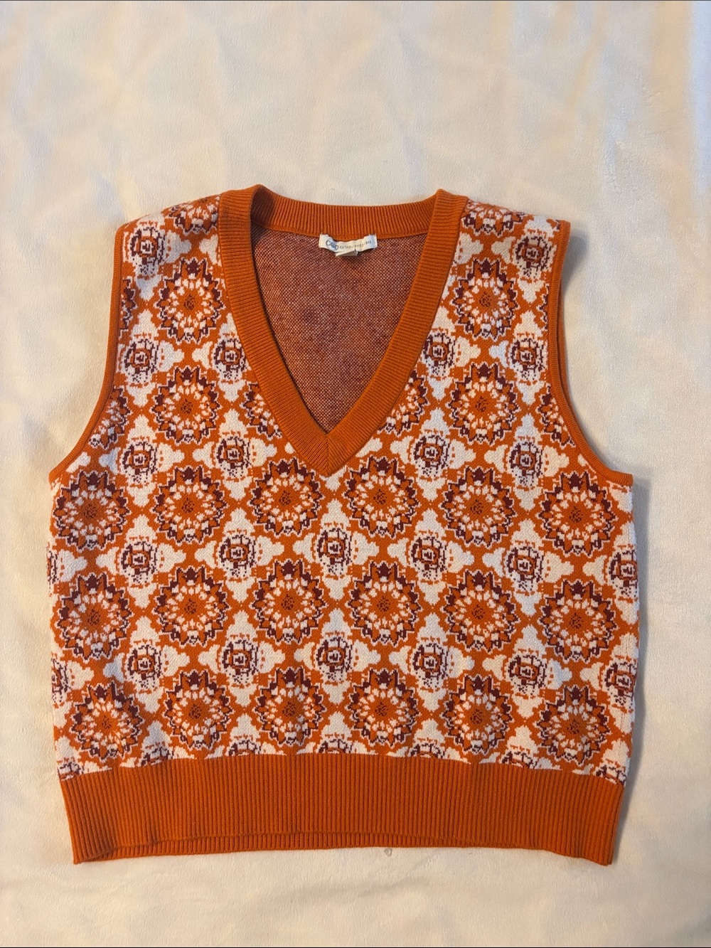 Cato Orange and Cream Geometric V-Neck Sweater Vest